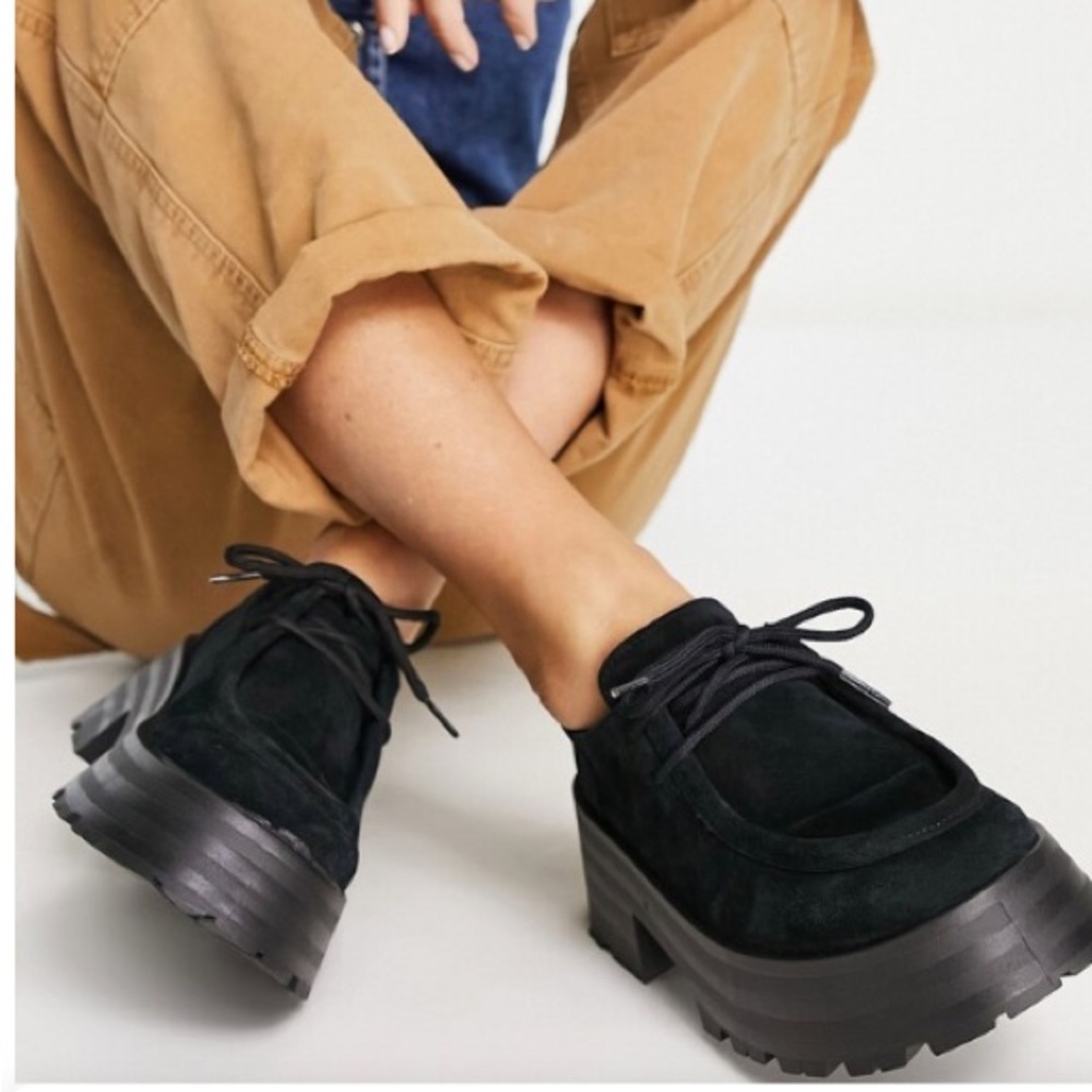 ASOS DESIGN Mitch suede chunky lace up flat shoes in black NEW